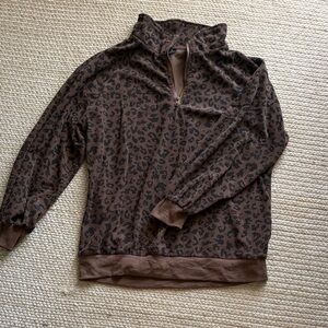 Women's Brown Leopard Print Zip-Up Sweater